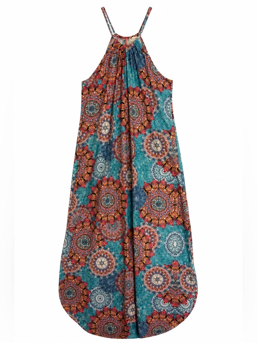 For G and PL - Boho Western Halter Maxi Dress in Turquoise & Red Medallion Comfy